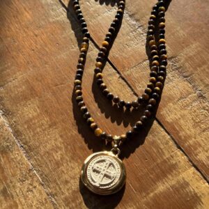 Colar Proteção Medalha de São Bento + Pedra Olho de Tigre